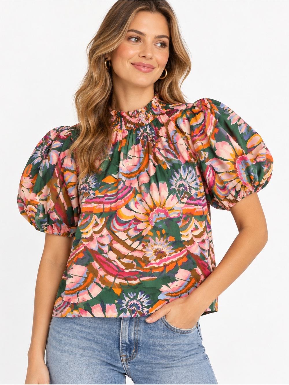 THML Floral Puff Sleeve Blouse Pink Green Orange Size Small